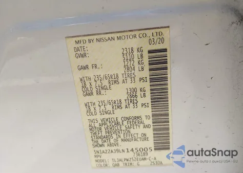 2020 Nissan Murano S Fwd from USA, damaged, VIN 5N1AZ2AJ9LN145005